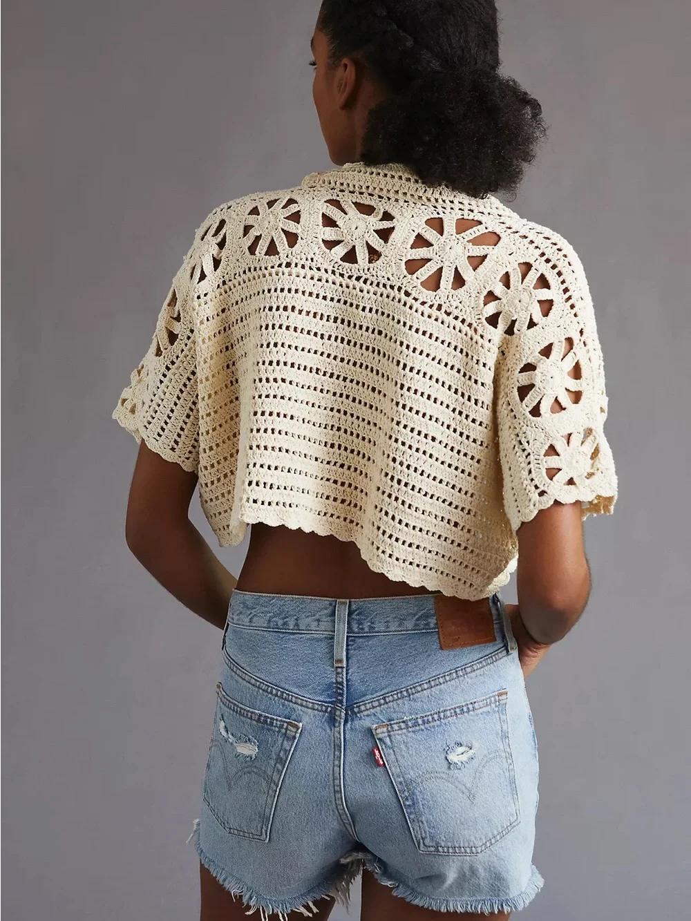 Anthropologie Maeve Crochet Openwork Crop Cardigan shrug sweater Cream one size